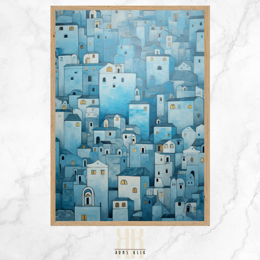 An art print of a stylized coastal town with geometric shapes in shades of blue, white, and subtle orange, evoking a serene seaside village with textured details.