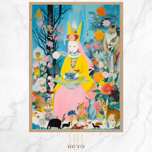  A whimsical painting depicting a figure in a bright pink and yellow outfit with a rabbit-eared headdress, surrounded by an assortment of animals, trees, and flowers in a stylized, fairy tale-like setting.