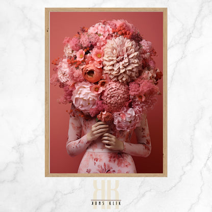 a woman in a dress with a bouquet of pink colored flowers as her head, symbolizing a fusion of human elegance and natural beauty.