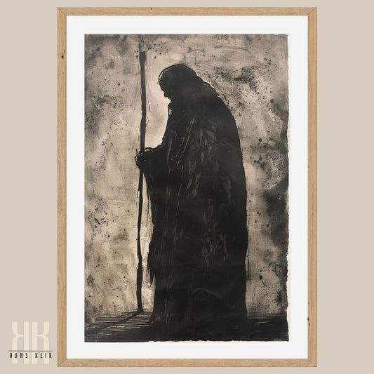 Lone Hooded Figure on a Journey Dark Charcoal Art