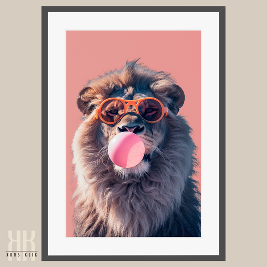 Lion Blowing Bubble Pink Background Wall Art