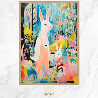 A whimsical painting depicting a figure in a bright pink and yellow outfit with a rabbit-eared headdress, surrounded by an assortment of animals, trees, and flowers in a stylized, fairy tale-like setting.