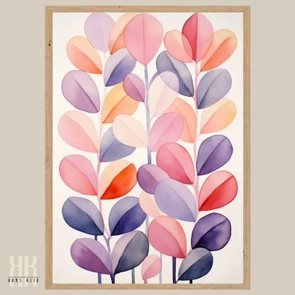 Abstract Botanical Watercolour Art Pink and Purple Leaves Print