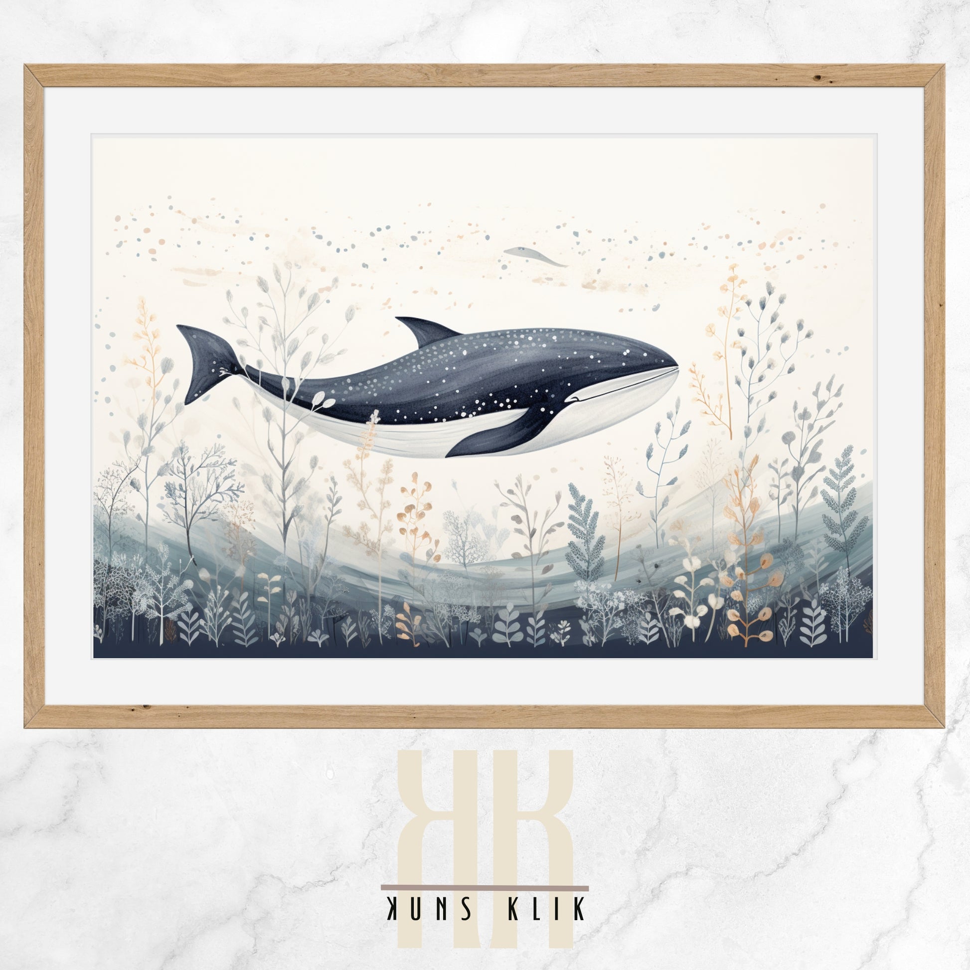 Digital illustration of a blue whale in a folk art style, surrounded by marine plant life and small fish, set against a navy blue background with a whimsical and serene underwater scene.