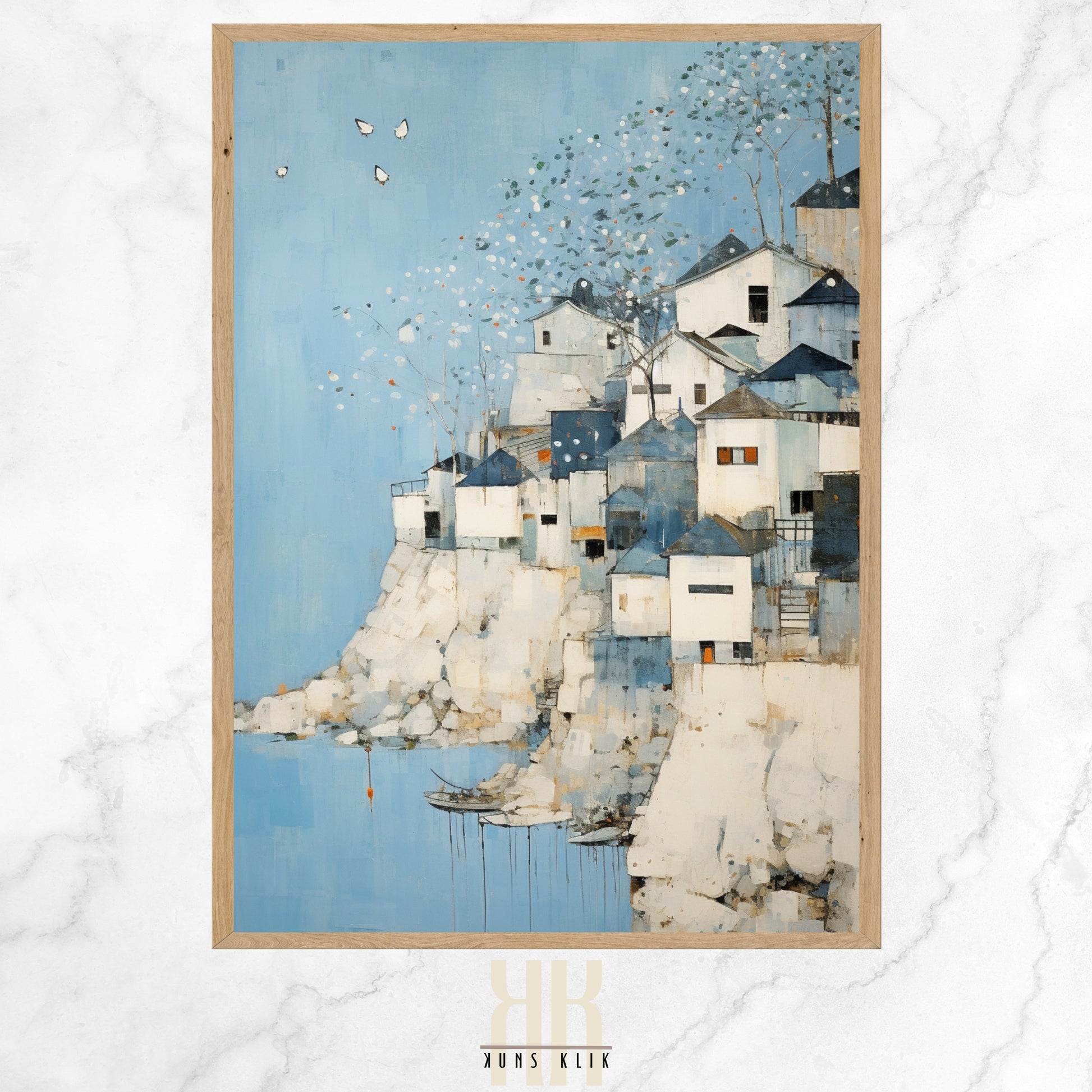 An art print of a stylized coastal town with geometric shapes in shades of blue, white, and subtle orange, evoking a serene seaside village with textured details.