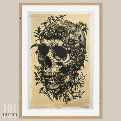 Detailed Floral Skull in Linocut Style