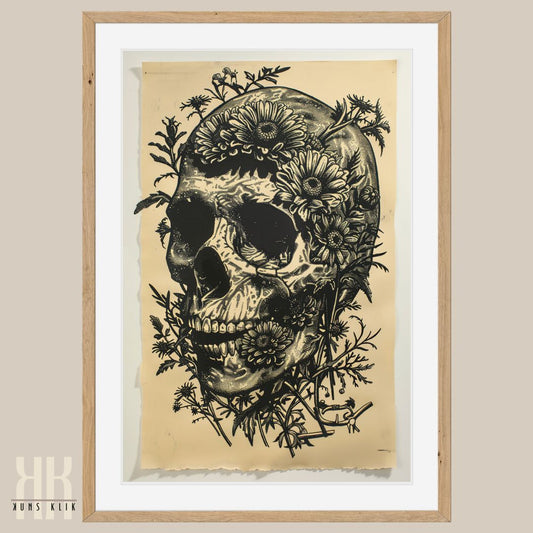 Detailed Floral Skull in Linocut Style