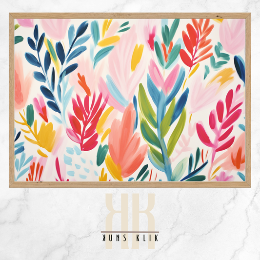  The artwork is a Matisse-style painting featuring a loose, abstract pattern of leaf shapes in a variety of pastel and vibrant hues against a white background. The brushstrokes are visible, giving a textured and dynamic feel to the composition. The color palette includes shades of blue, pink, orange, and yellow, creating a cheerful and lively atmosphere. The overall effect is reminiscent of a breezy, spring day.