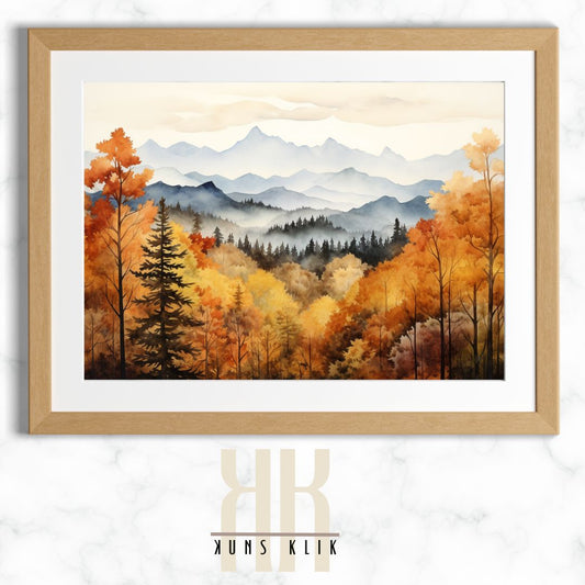 Misty Autumn Mountains Watercolour Painting