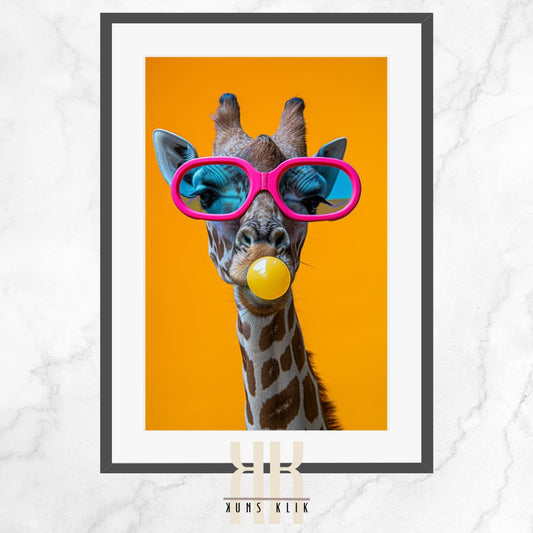 Giraffe Wearing Sunglasses Blowing a Bubble