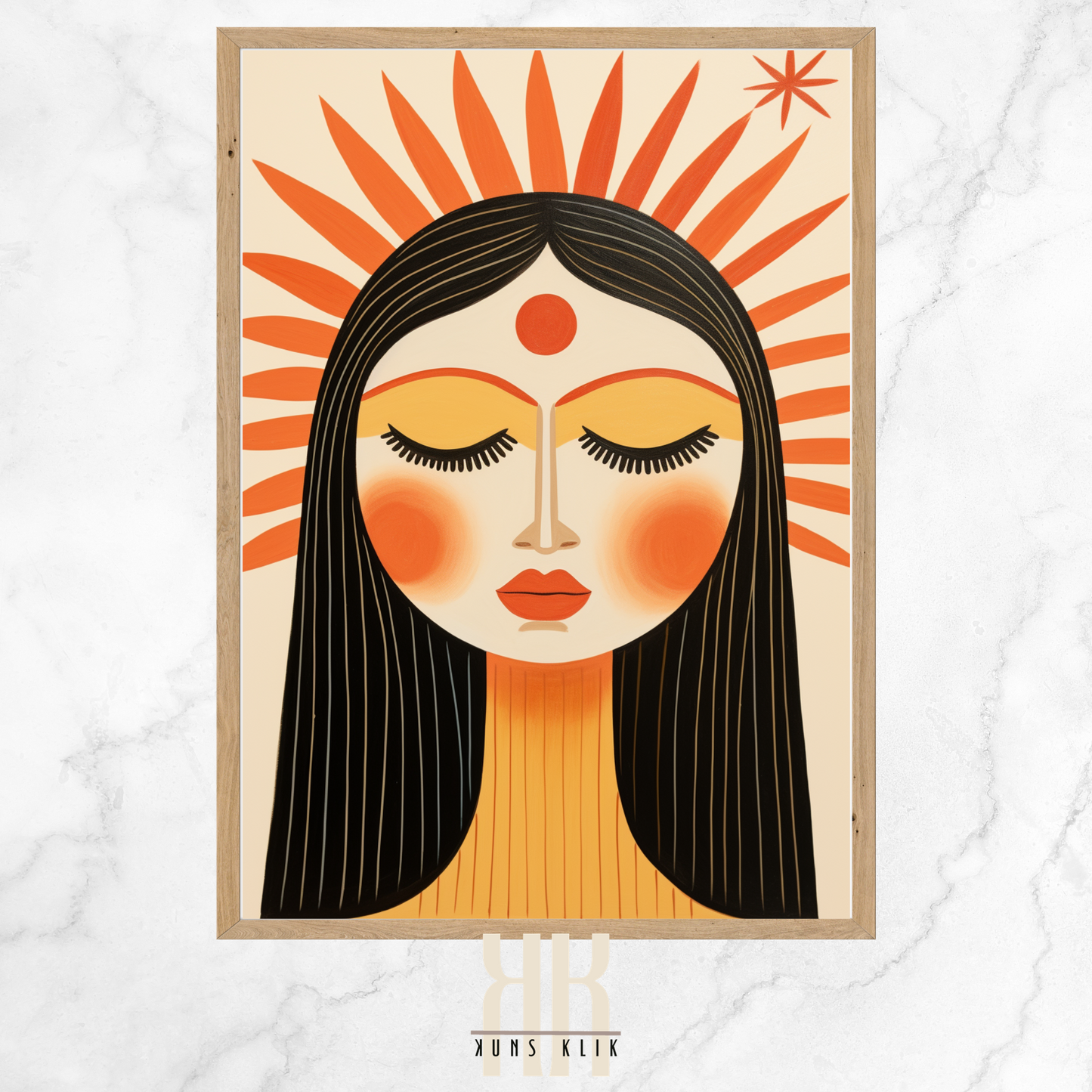 female face with sun beam, mountains and plants in the background in flat graphic bohemian style