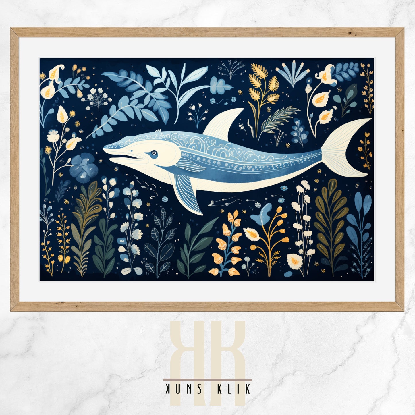 Digital illustration of a blue whale in a folk art style, surrounded by marine plant life and small fish, set against a navy blue background with a whimsical and serene underwater scene.