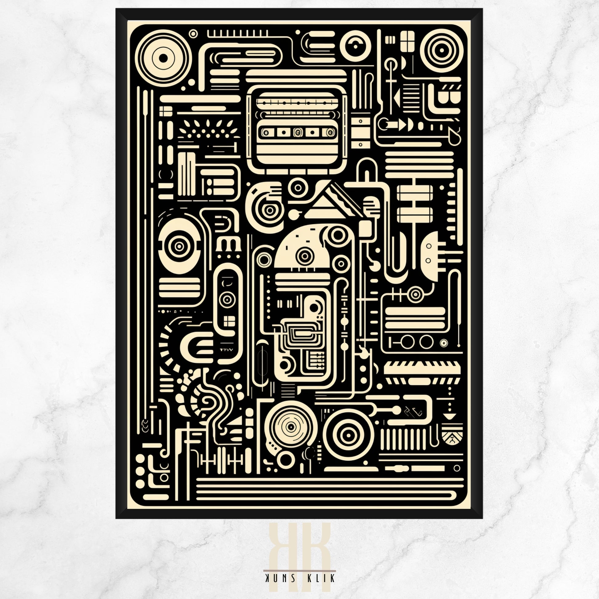  This artwork is an intricate example of modern graphic design, likely created using digital tools and techniques. It features a highly detailed and symmetrical composition reminiscent of circuitry or a complex machine layout.