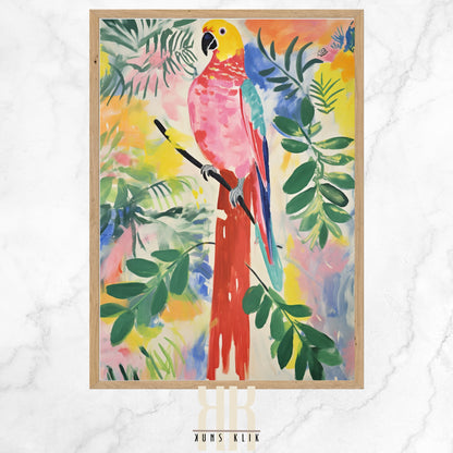 A colorful art print featuring a variety of stylized birds perched on branches amidst lush foliage; each bird is depicted in a unique, vivid color palette against a floral background, creating a vibrant and dynamic scene celebrating wildlife and nature.