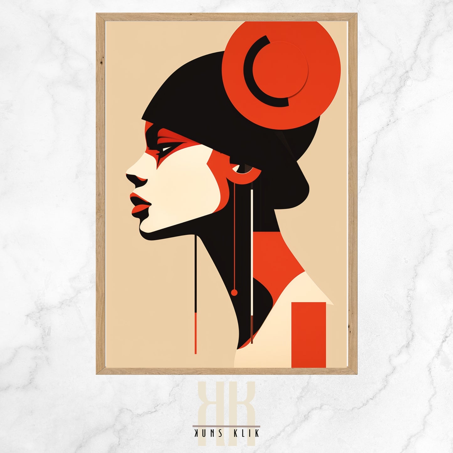 Stylized portrait of a woman with geometric design elements in bold colors, featuring abstract shapes forming her hat and facial features, against a minimalist background.