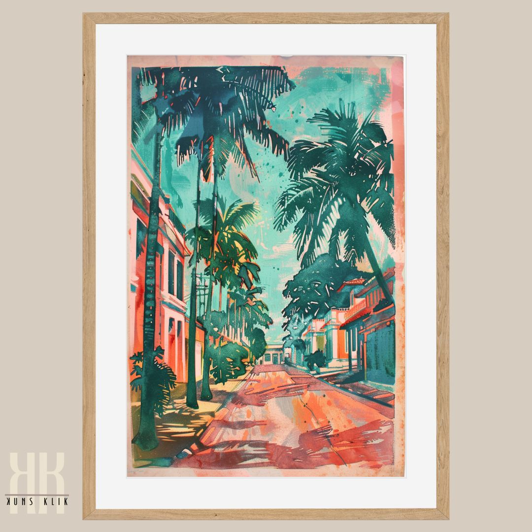 Vintage Tropical Travel Poster – Palm Trees, Ocean Views & Coastal Homes
