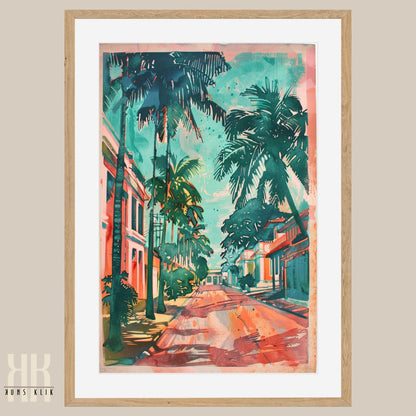 Vintage Tropical Travel Poster – Palm Trees, Ocean Views & Coastal Homes