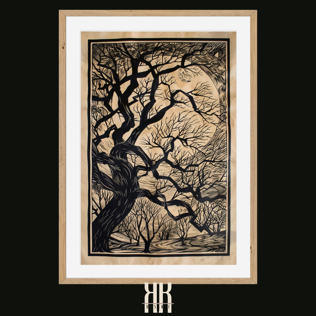 Dark Forest at Night Tree and Moon Black and White Vintage Print