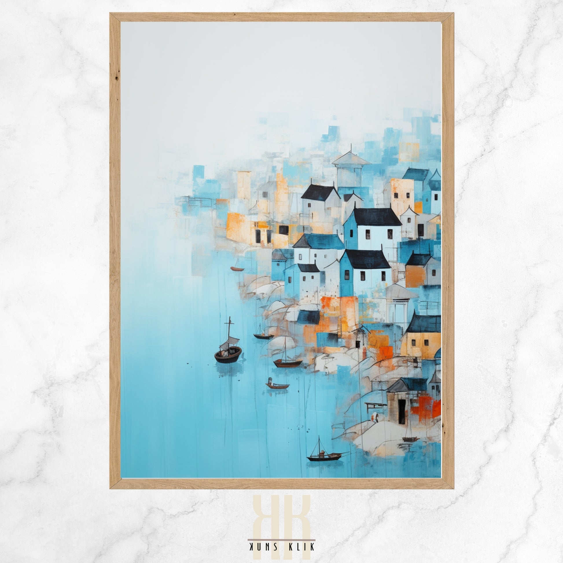 An art print of a stylized coastal town with geometric shapes in shades of blue, white, and subtle orange, evoking a serene seaside village with textured details.