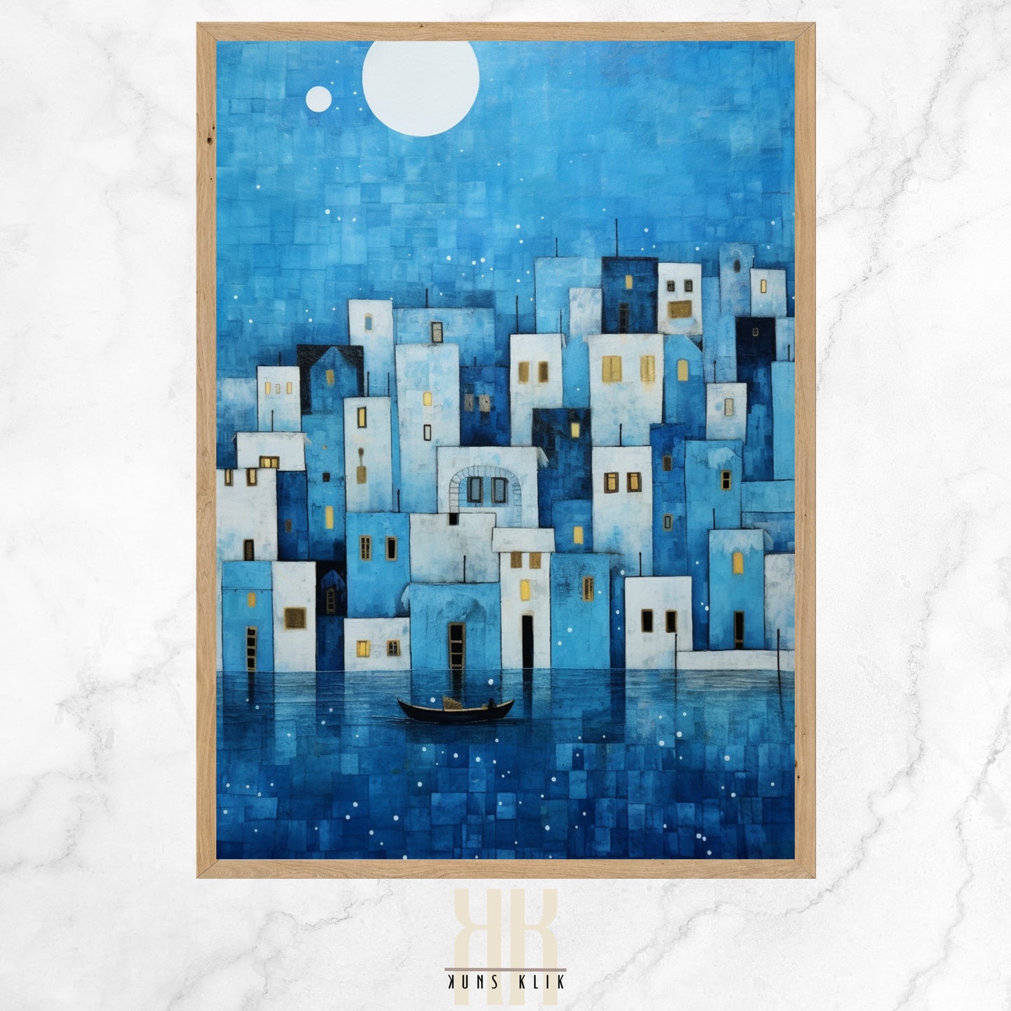 An art print of a stylized coastal town with geometric shapes in shades of blue, white, and subtle orange, evoking a serene seaside village with textured details.