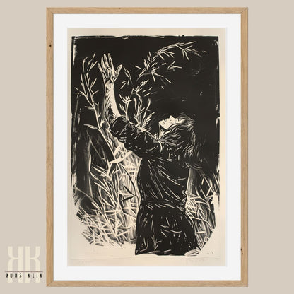 Dark Academia Monochrome Etching of Woman in Field