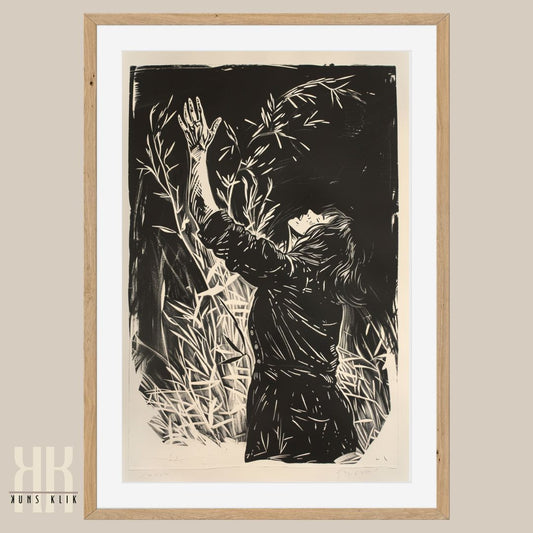 Dark Academia Monochrome Etching of Woman in Field