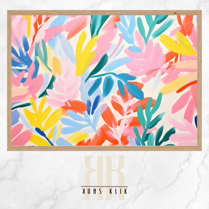  The artwork is a Matisse-style painting featuring a loose, abstract pattern of leaf shapes in a variety of pastel and vibrant hues against a white background. The brushstrokes are visible, giving a textured and dynamic feel to the composition. The color palette includes shades of blue, pink, orange, and yellow, creating a cheerful and lively atmosphere. The overall effect is reminiscent of a breezy, spring day.