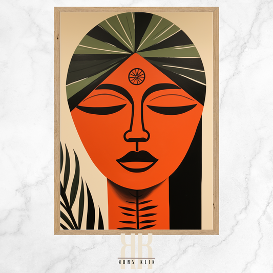 female face with sun beam, mountains and plants in the background in flat graphic bohemian style