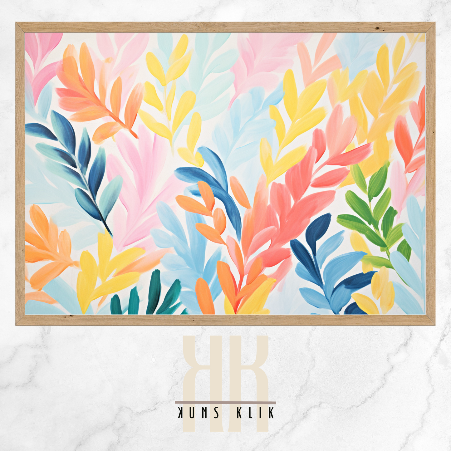  The artwork is a Matisse-style painting featuring a loose, abstract pattern of leaf shapes in a variety of pastel and vibrant hues against a white background. The brushstrokes are visible, giving a textured and dynamic feel to the composition. The color palette includes shades of blue, pink, orange, and yellow, creating a cheerful and lively atmosphere. The overall effect is reminiscent of a breezy, spring day.