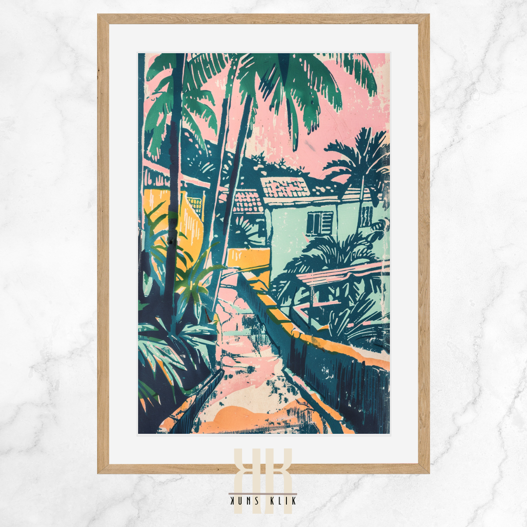 Sunset Glow Tropical Print – Retro Beachside Cottages & Bold Palms