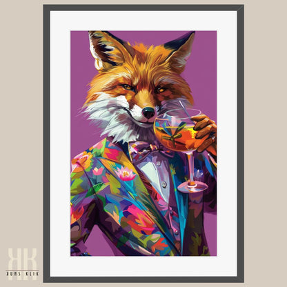 Fox in Vibrant Suit with Drink