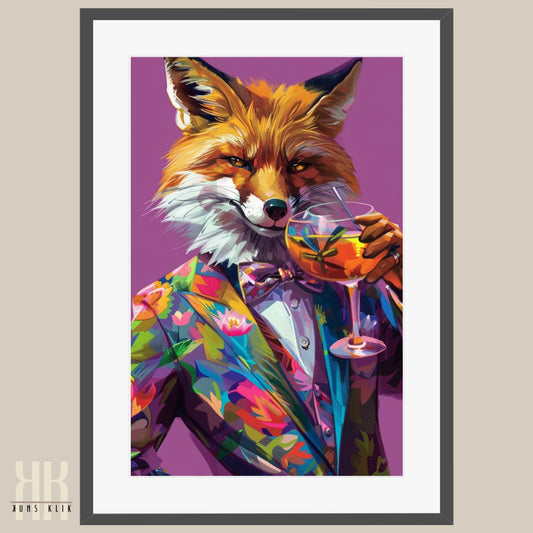 Fox in Vibrant Suit with Drink