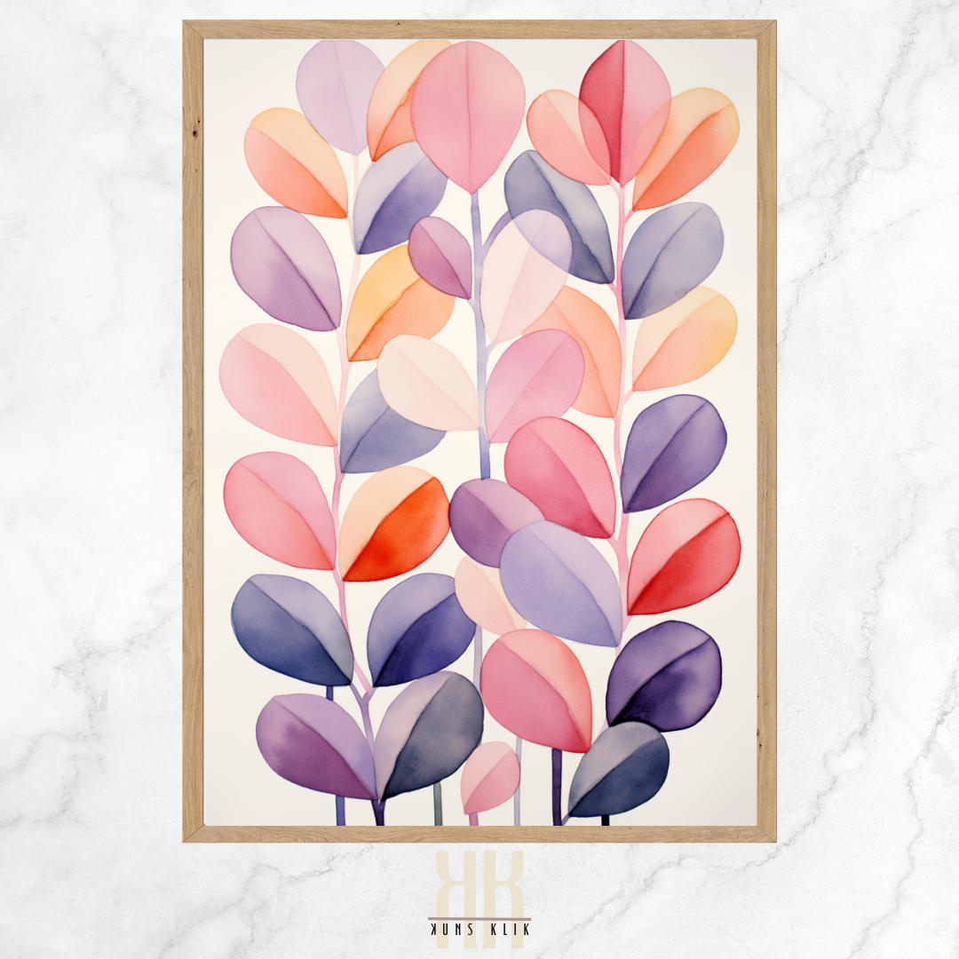 Abstract Botanical Watercolour Art Pink and Purple Leaves Print