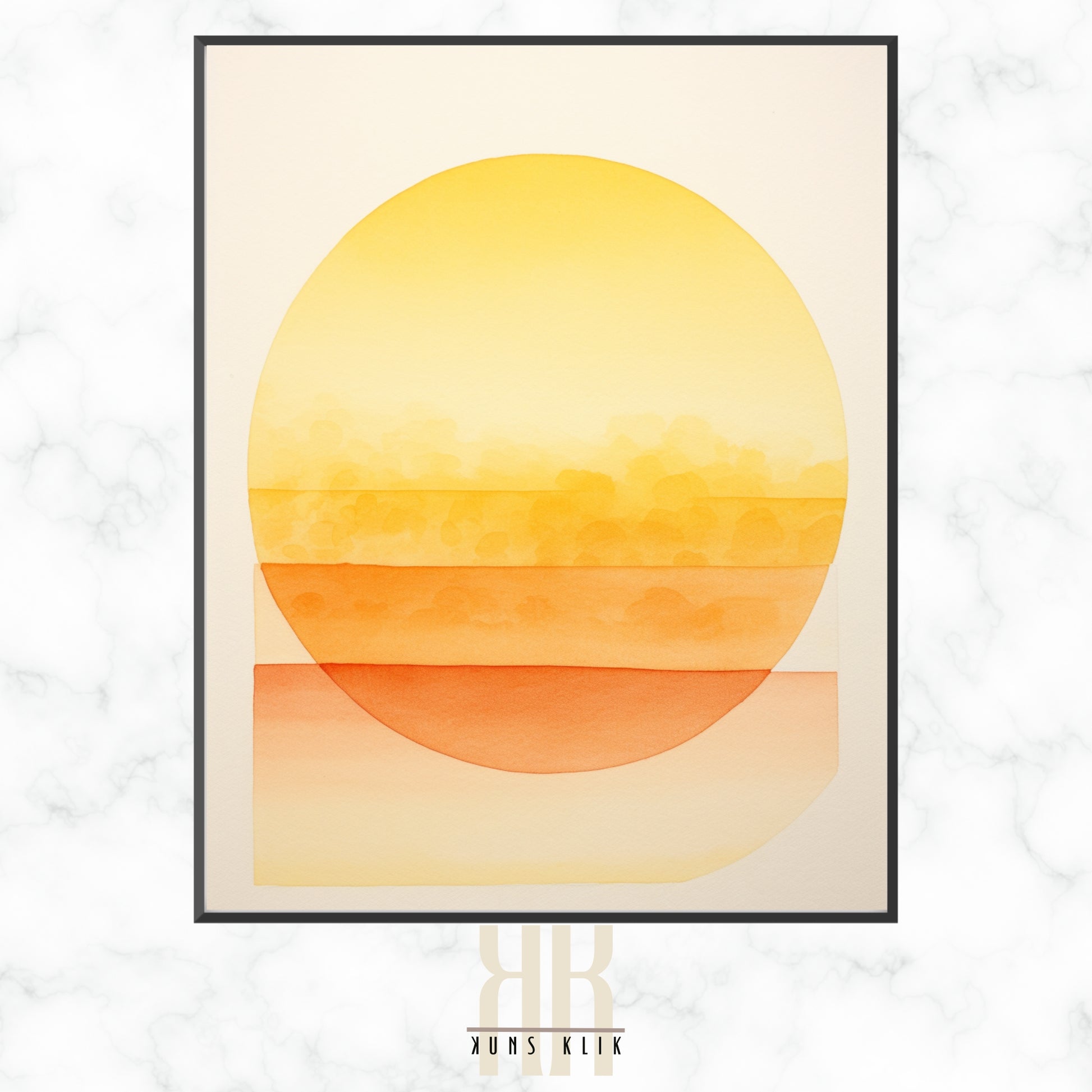 A watercolor painting capturing a serene landscape at sunrise or sunset, with a warm gradient sky and sun reflecting over calm waters and a silhouette of mountain ranges.