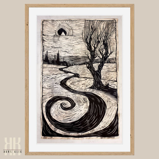 Black and White Art Etching Winding Road