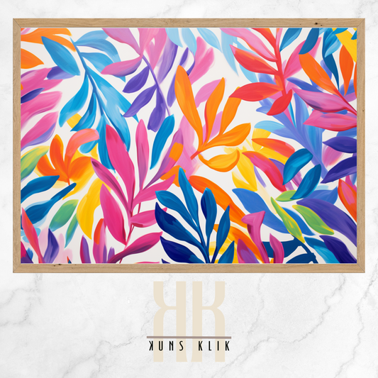  The artwork is a Matisse-style painting featuring a loose, abstract pattern of leaf shapes in a variety of pastel and vibrant hues against a white background. The brushstrokes are visible, giving a textured and dynamic feel to the composition. The color palette includes shades of blue, pink, orange, and yellow, creating a cheerful and lively atmosphere. The overall effect is reminiscent of a breezy, spring day.