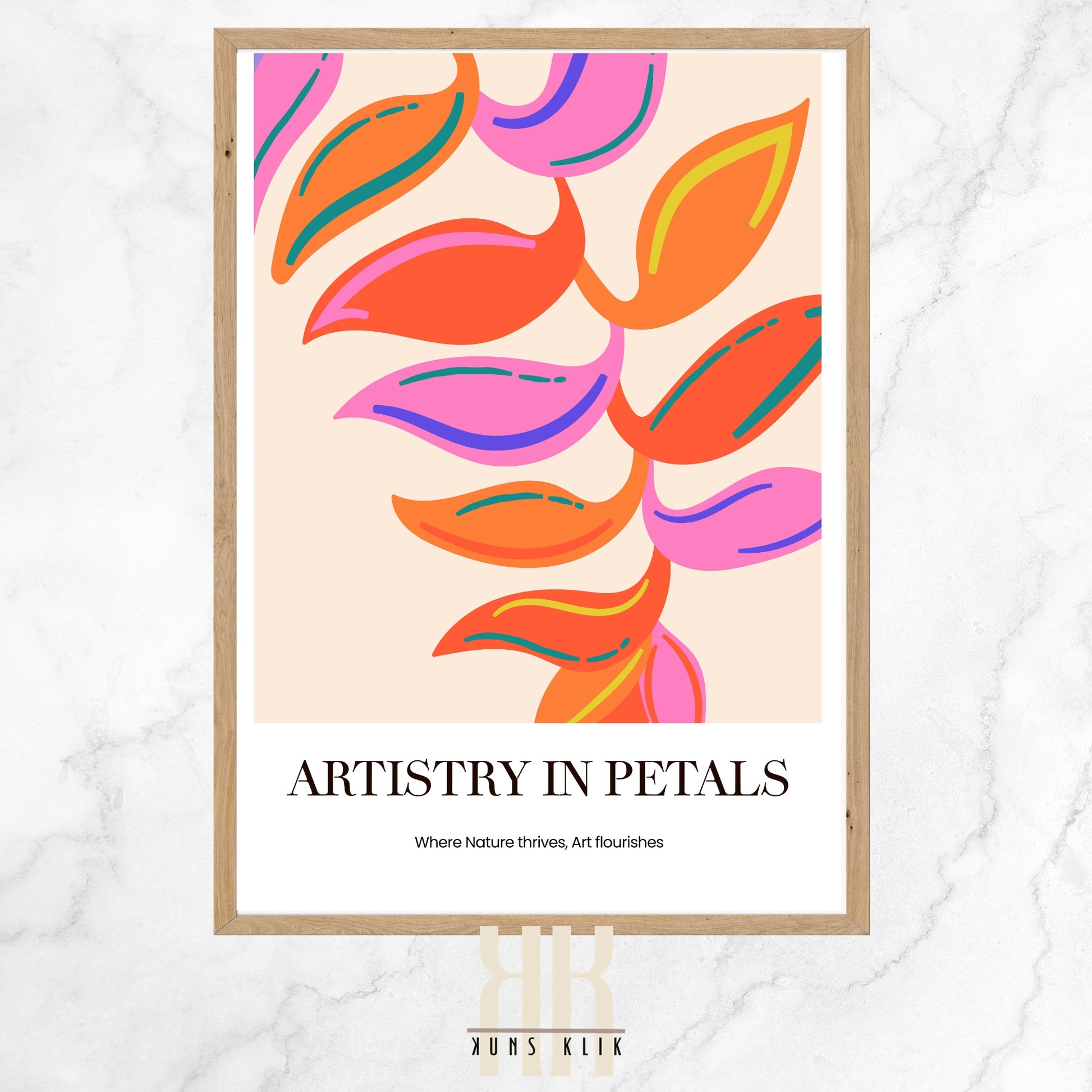 Abstract digital artwork featuring swirling patterns of leaves in bold orange, pink, and yellow hues on a warm beige background, titled 'Artistry in Petals' with the tagline 'Where Nature thrives, Art flourishes