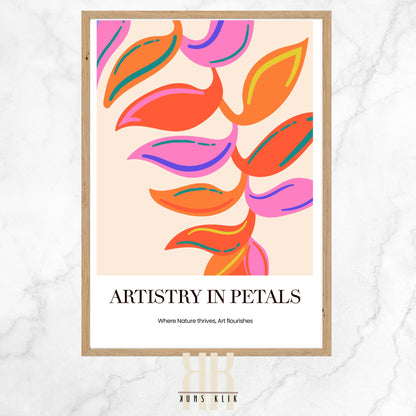 Abstract digital artwork featuring swirling patterns of leaves in bold orange, pink, and yellow hues on a warm beige background, titled 'Artistry in Petals' with the tagline 'Where Nature thrives, Art flourishes