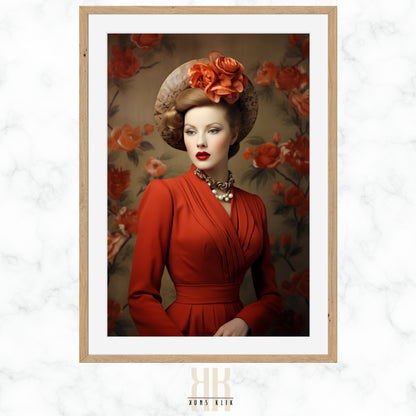 vintage fashion photography, woman in red dress and hat with flowers. floral background