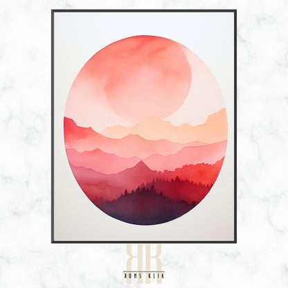 A watercolor painting capturing a serene landscape at sunrise or sunset, with a warm gradient sky and sun reflecting over calm waters and a silhouette of mountain ranges.