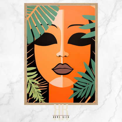 female face with sun beam, mountains and plants in the background in flat graphic bohemian style