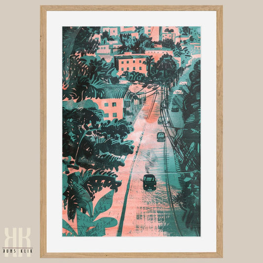 Bold and Colourful Beach Town Print – Vintage Riviera-Inspired Scene