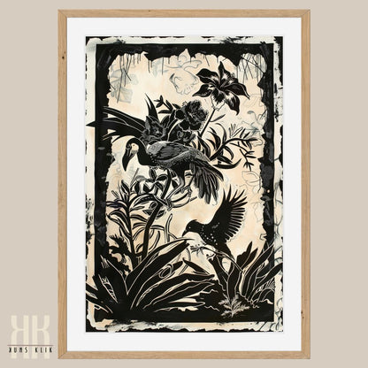 Birds in Forest Black Ink Etching Lino Cut Art