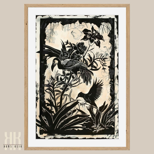 Birds in Forest Black Ink Etching Lino Cut Art