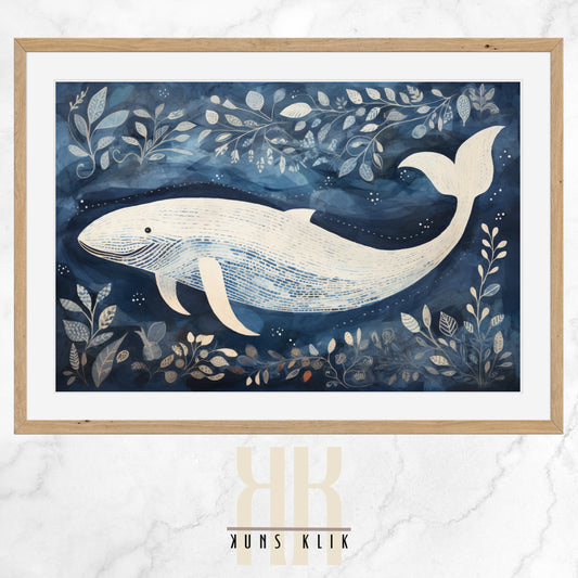 Digital illustration of a blue whale in a folk art style, surrounded by marine plant life and small fish, set against a navy blue background with a whimsical and serene underwater scene.