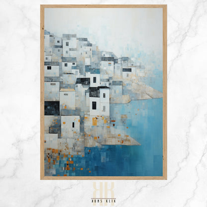 An art print of a stylized coastal town with geometric shapes in shades of blue, white, and subtle orange, evoking a serene seaside village with textured details.