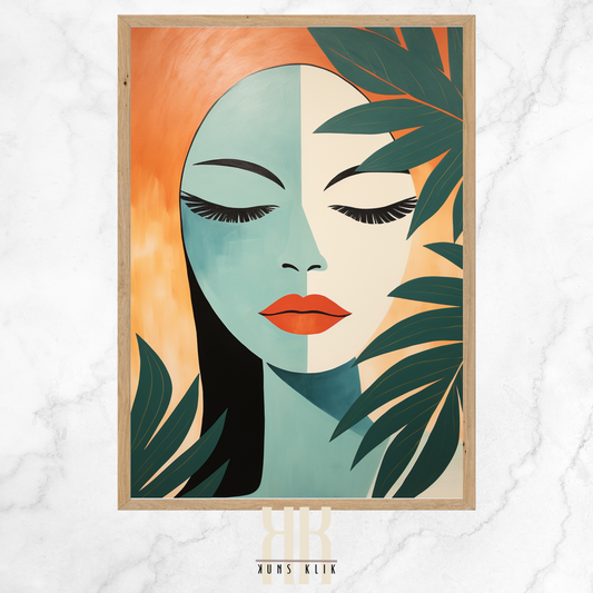 female face with sun beam, mountains and plants in the background in flat graphic bohemian style