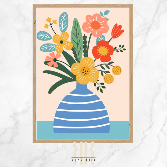  The image is a graphic illustration of a blue and white striped vase containing a variety of stylized flowers. The flowers, depicted in warm shades of yellow, orange, pink, and red, are set against a soft peach background with a teal-colored base, suggesting a tabletop or shelf. The composition is cheerful, with a simplistic and modern take on floral design, ideal for a light-hearted and contemporary space.