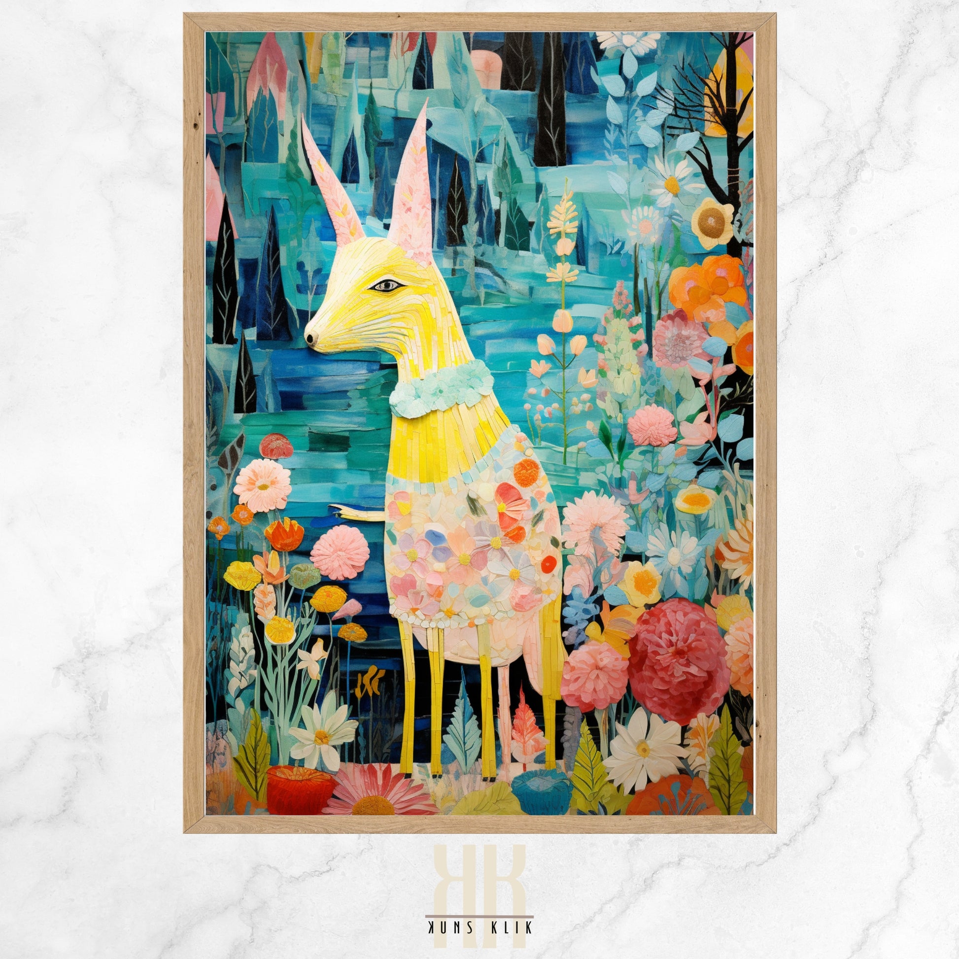  A whimsical painting depicting a figure in a bright pink and yellow outfit with a rabbit-eared headdress, surrounded by an assortment of animals, trees, and flowers in a stylized, fairy tale-like setting.