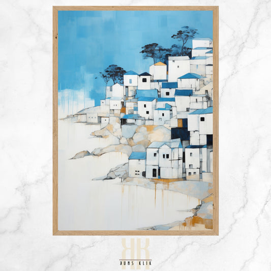 An art print of a stylized coastal town with geometric shapes in shades of blue, white, and subtle orange, evoking a serene seaside village with textured details.